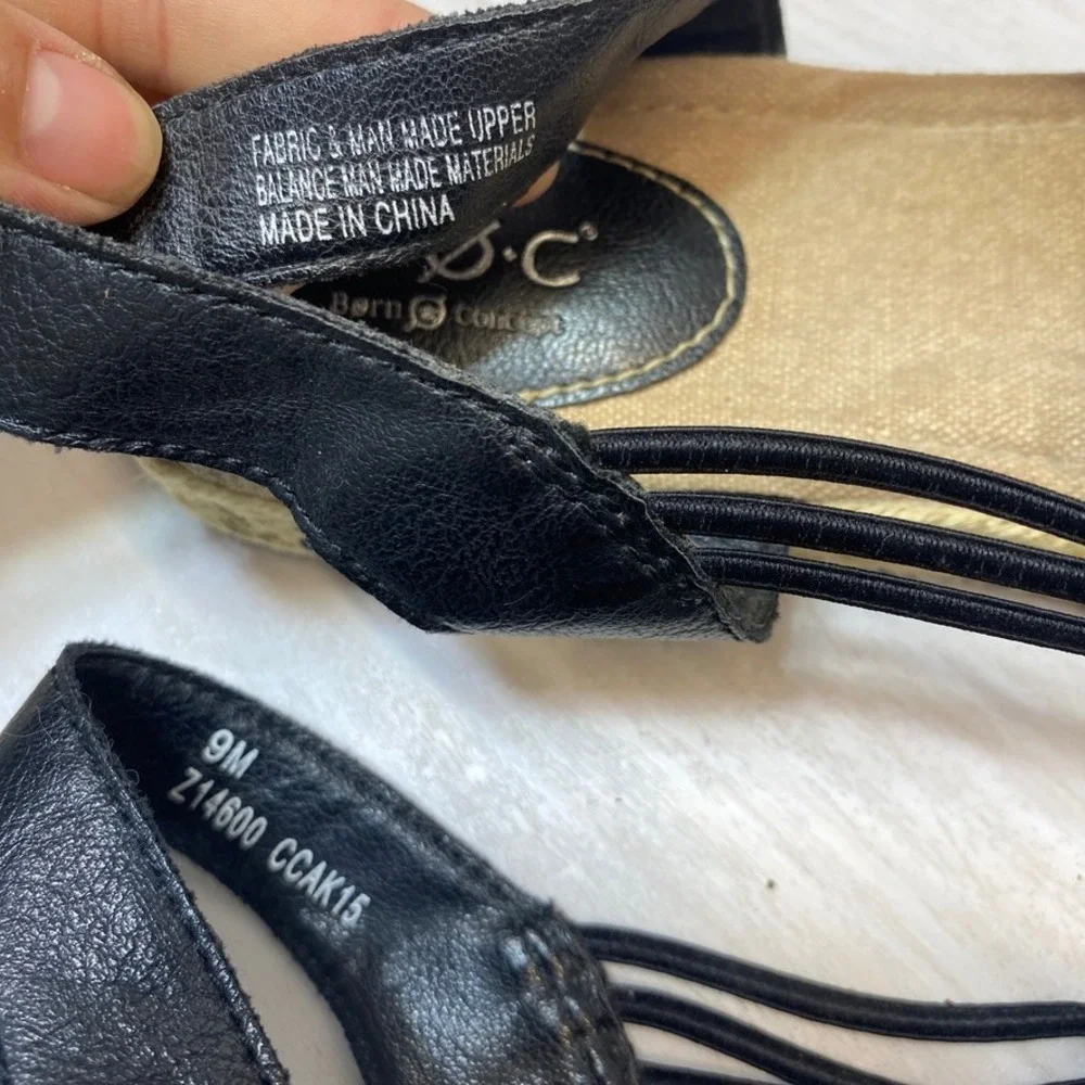 b.o.c. Womens 9 Espadrille Sandals Striped Black Fabric Jute Slingback Flats